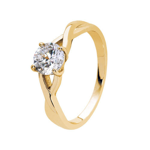 9kt Yellow Gold Cubic Zirconia 4 Claw Solitaire Twisted Shank Ring (0.75ct)