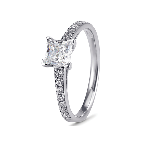 9kt White Gold Cubic Zirconia Princess Cut With Pave' Shoulders Ring (0.50ct)