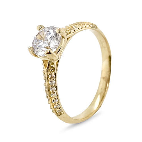 9kt Yellow Gold Cubic Zirconia 4 Claw Solitare Pave' Shoulders Ring (1.00)