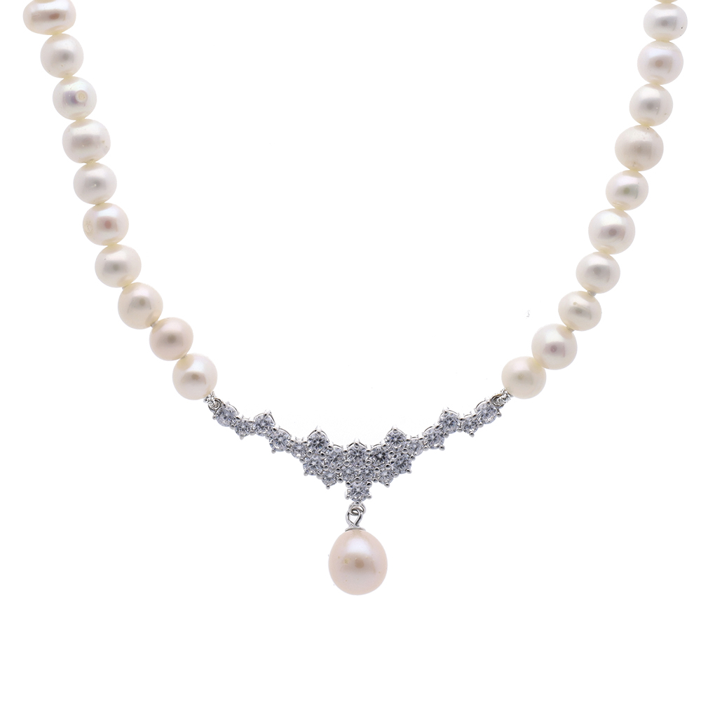 Silver Cubic Zirconia Fresh Water Pearl Necklace