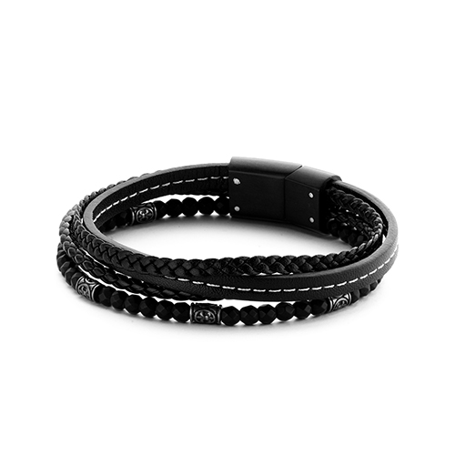 Stainless Steel Black Leather Multi Bracelet with Hematite Beads (21cm)