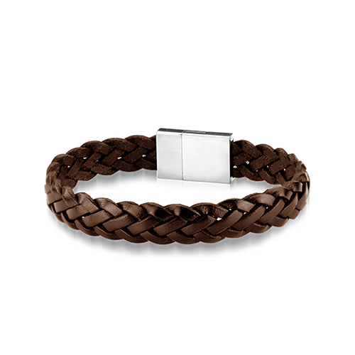 Stainless Steel Brown Woven Leather Bracelet (21cm)
